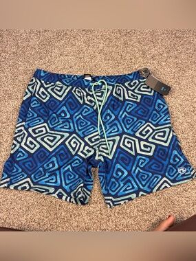 Ocean Current Men's Blue Geometric Swim Trunks with Mint Drawstring